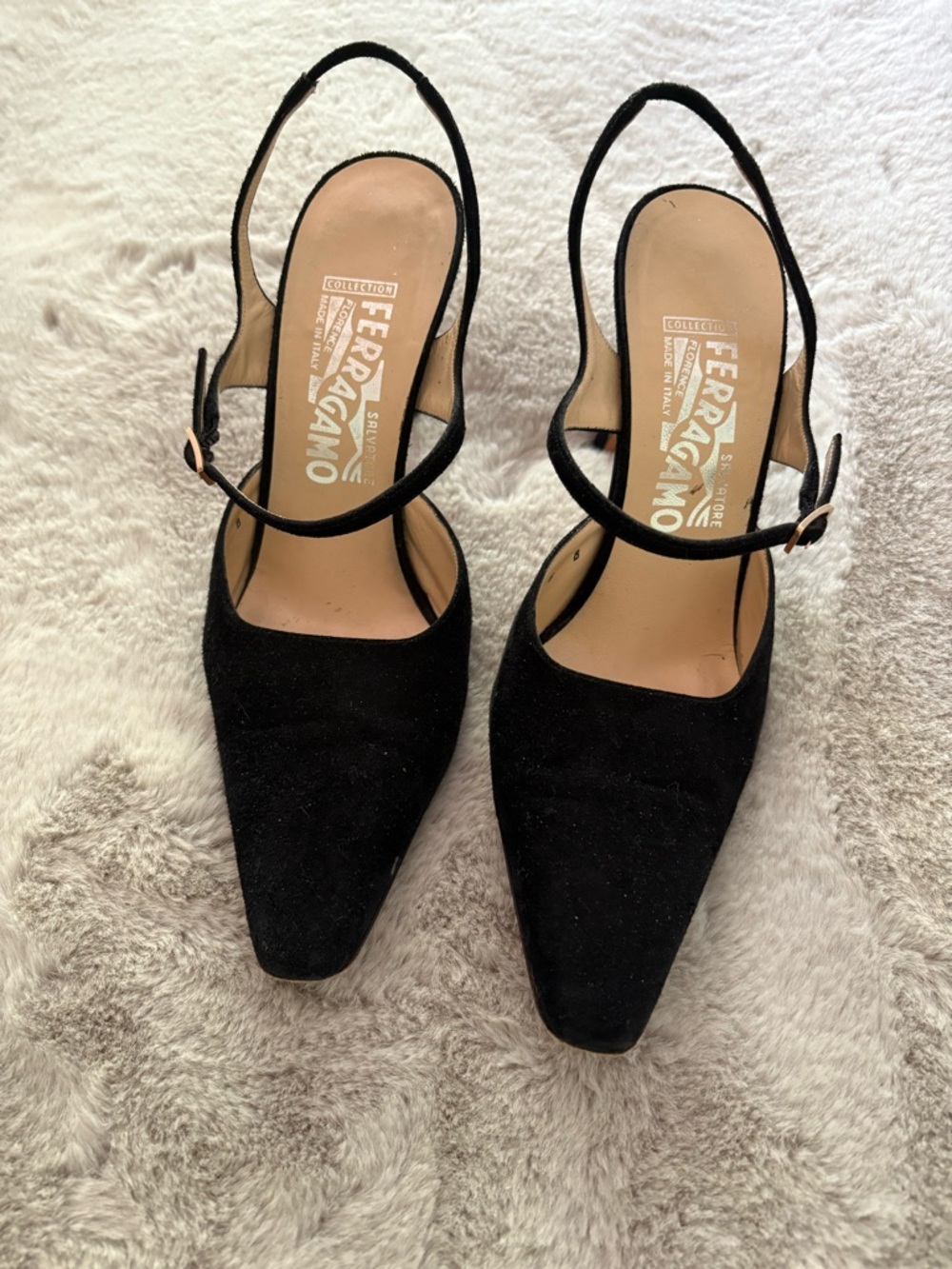 Salvatore Ferragamo Black Pointed-Toe Slingback Heels